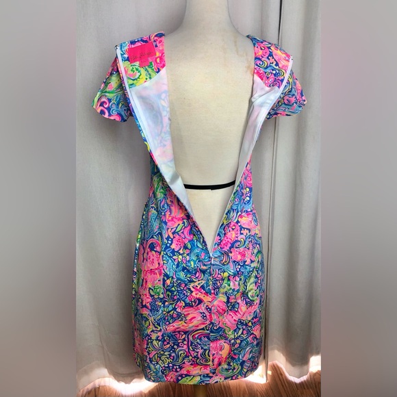 Lilly Pulitzer Shift Dress Pink Blue Floral Short Sleeve Crew Neck Knee Length 2 - Picture 13 of 16